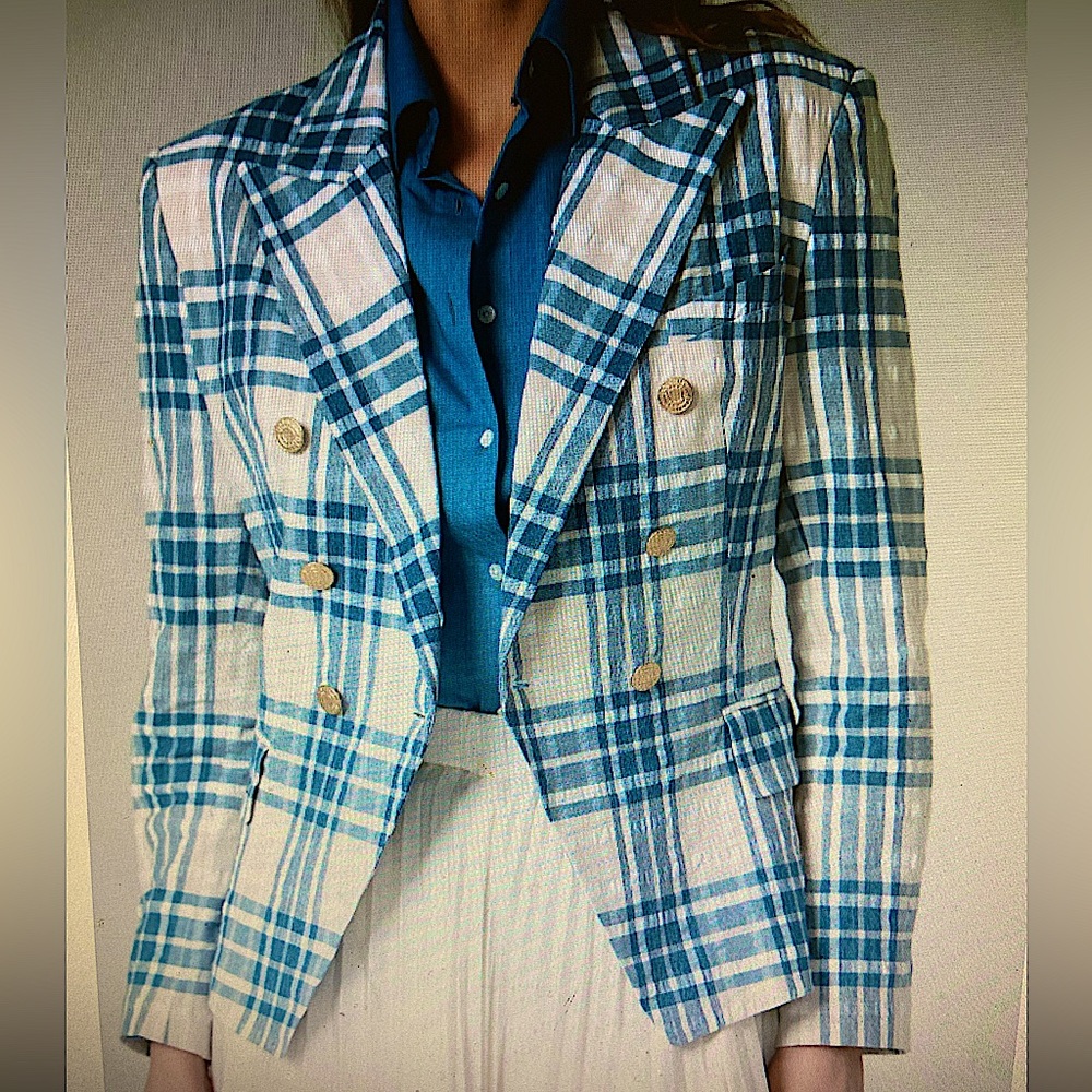 Olivvi NWT Cream and Blue Fitted Plaid Blazer  Jacket ,Gold Logo Button ,Size L